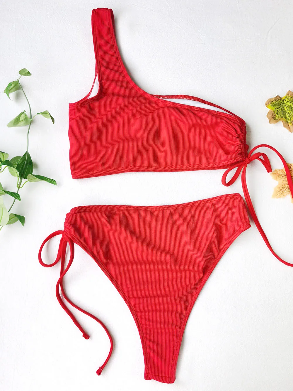 

Women Swimwear Push Up Swimsuit One Shoulder Solid Red Brazilian Bikini Set 2021 Biquini Bathing Suit Beach Swimming Suit