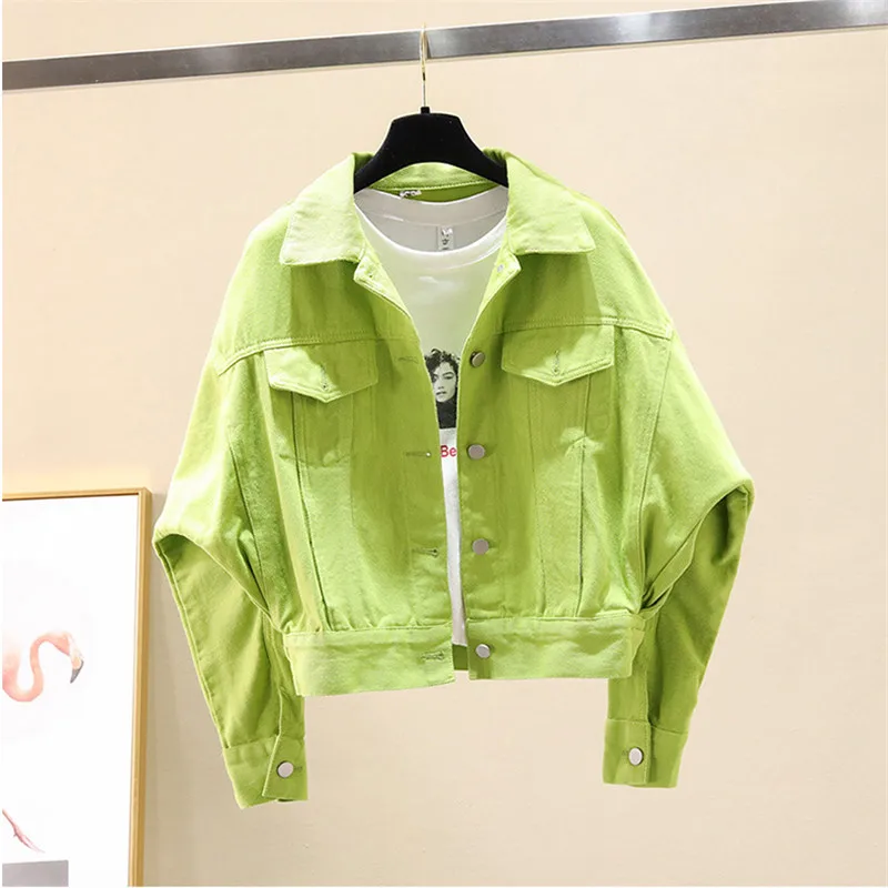 

Vintage Denim Jacket Female 2022 Spring Autumn New Wild Short Candy Color Jeans Coat Korean Bat Sleeve Female Outerwear G1717