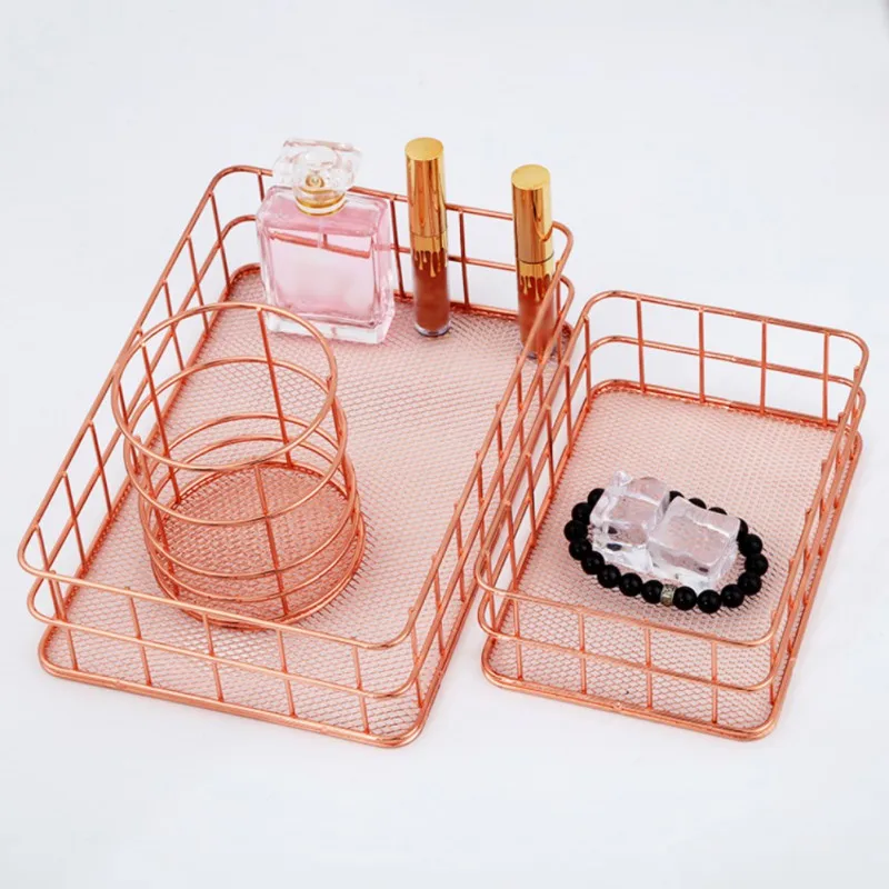 

s Rose Gold Iron Storage Basket Home Garden Organization Desktop Office Debris Basket Modern Home Storage Racks
