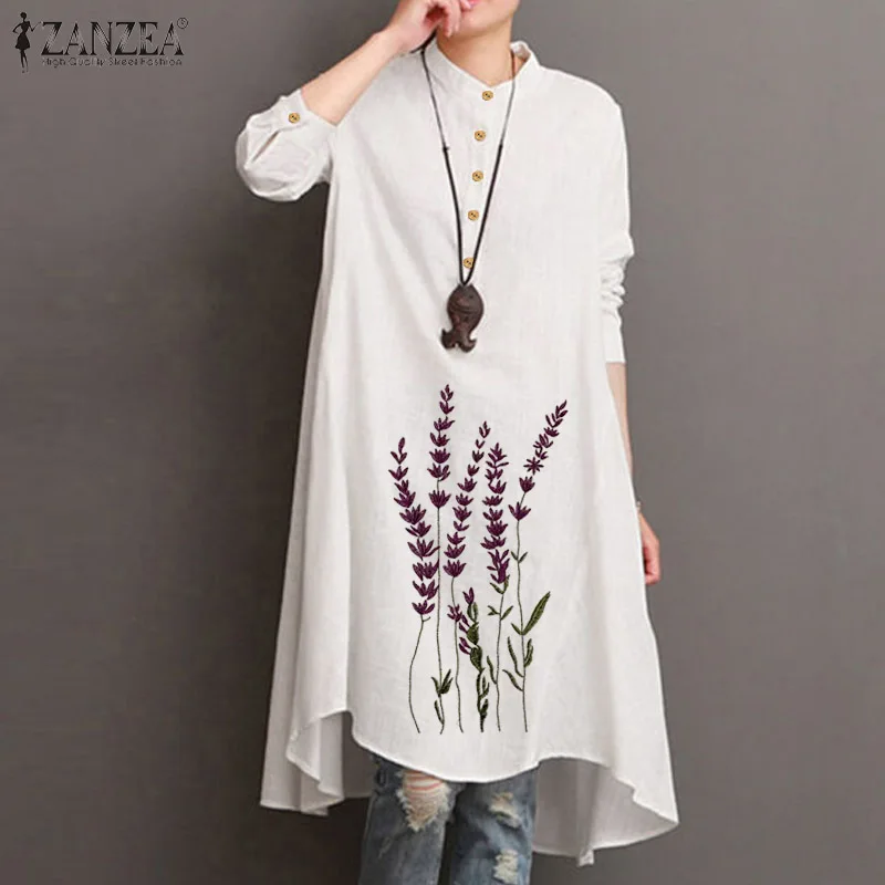 

ZANZEA Vintage Autumn Embroidery Floral Blouse Women Long Sleeve Tops Tunic Female Cotton Linen Blusas Long Shirt Casual Chemise