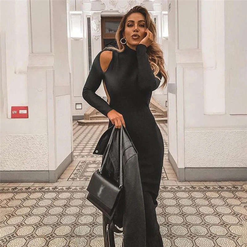 

High-Neck Long Midi Dress Wrap One-Step Dresses Slim Halter Elegant Party Outfits Sexy Club Clothes vestido dress robe