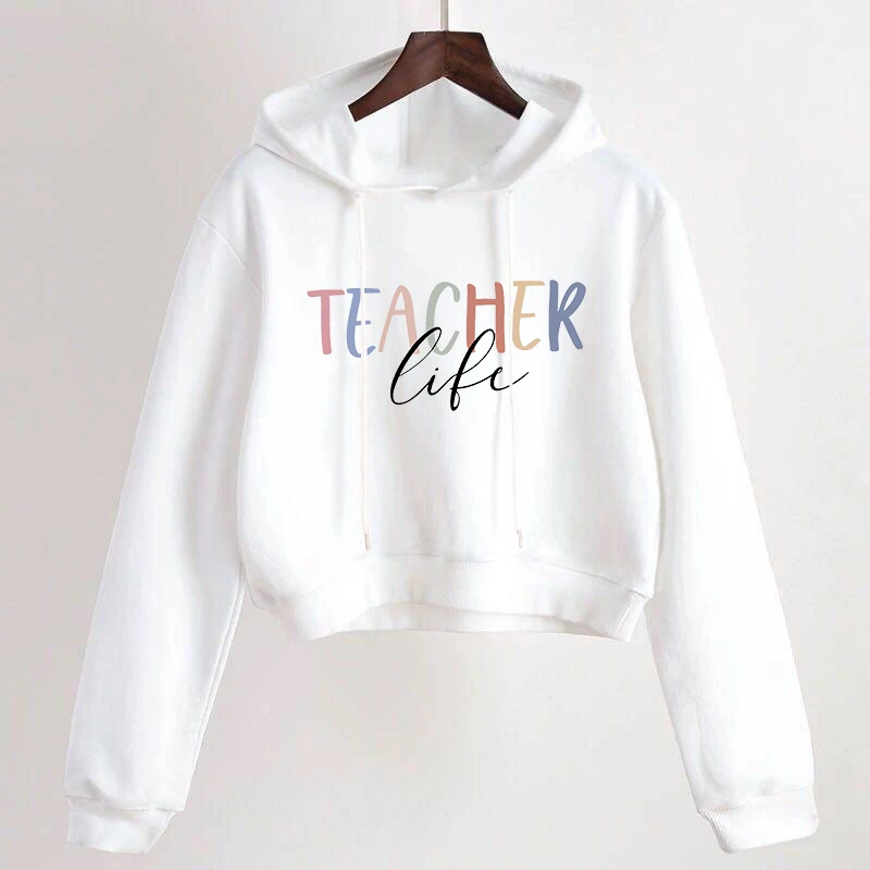 

Teacher Letters Print Women Graphic Crop Hoodies Casual Long Sleeve Sweatshirt Harajuku Clothing 2021 Female Kawaii Teacher Tops
