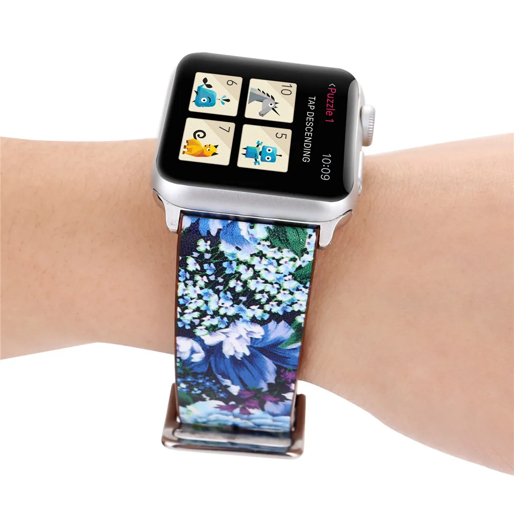 С цветочным принтом Кожаные Ремешки для наручных часов Apple Watch, версии 5/4/3/2/1 браслет полосы 44 мм 40 мм, 42 мм, 38 мм, версия для наручных часов iWatch, 4 аксессуары