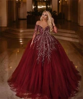burgundy tulle puffy evening dresses ball gown beaded sequins lace long sleeves pagenat party gowns princess robes de soiree