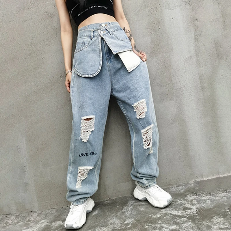 

Hiphop High Waist Denim Pants Women Fashion Vintage Streetwear Loose Chic Hole Patchwork Jeans Autumn New Женские рваные джинсы