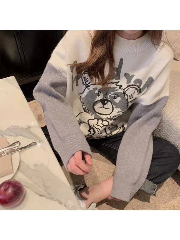 

2020 Autumn New Western Style Blouse Women Loose Outer Wear Bear Color Block Knit Sweater