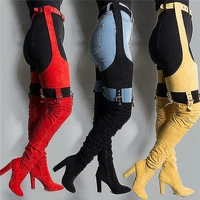 2021 new sexy belted thigh high heel boots waist belt faux suede leather block heel boots buckle strap chap boots shoes woman