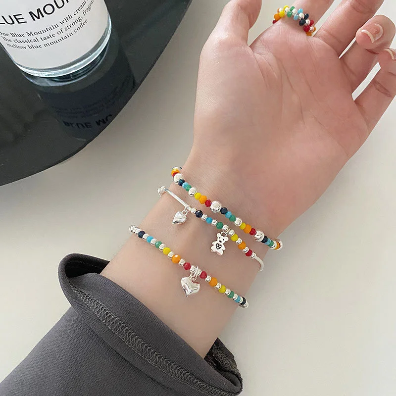 

925 Sterling Silver Adjustable Bracelet For Women Rainbow/Bear/Heart Bracelet Chain Bracelet Classic Simple Hand Jewelry