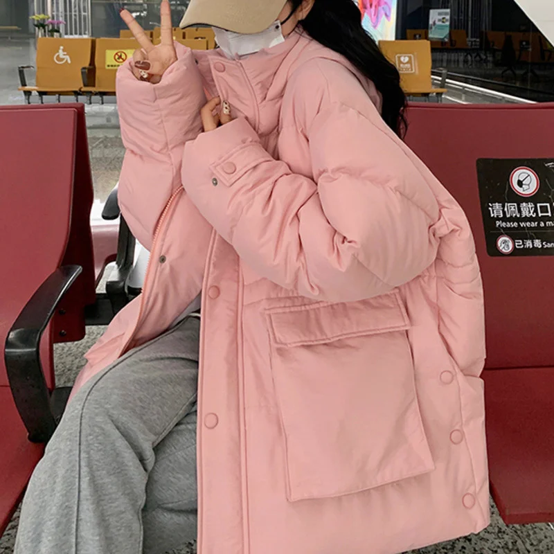 

Thickened Hooded Pink Cotton Padded Clothes Winter 2021 New Warm Loose Stand Collar Cotton Padded Clothes Coat Cotton Padded