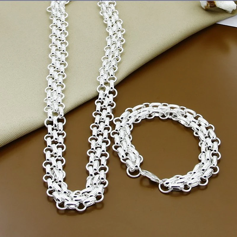 

Hot Sale Jewelry Sets Silver 925 Fashion Three Rows Round Circle Necklace Bracelet Sets for Woman Men Gift