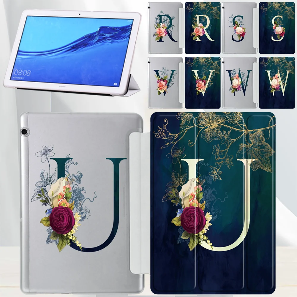 

For Huawei MediaPad T5 10 10.1" Anti-fall Tablet Case for Huawei MediaPad T3 10 9.6" Flower Letter Leather Tri-fold Cover Case