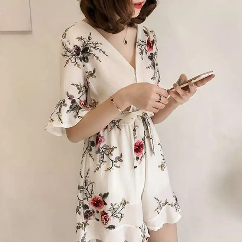 

Summer New Chic Vintage Print Jumpsuits Romper for Women V-neck Lace Up High Waist Wide leg Playsuits Beach Holiday Overalls