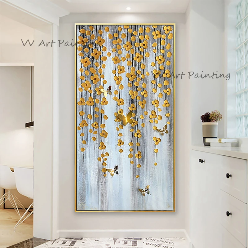 

Скандинавская Золотая картина маслом на холсте ручной работы, богатые фольги, абстрактные цветочные постеры для гостиной, украшение для дома, настенное искусство