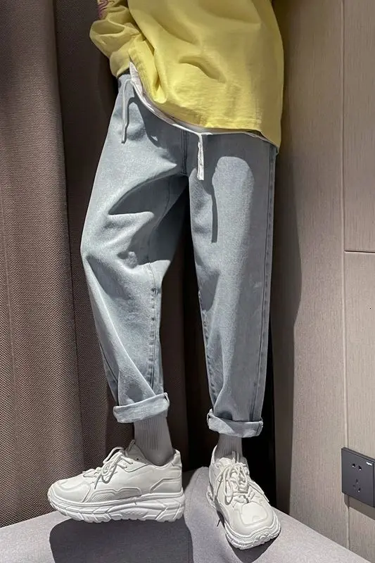 

jeans men's fashion brand loose straight leg Korean wide Capris Light Overalls Mid On wholesale Factory Elastic Waist M- XXL