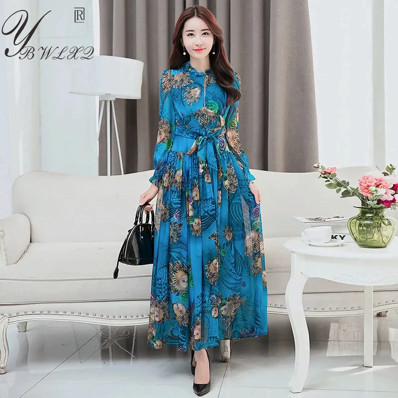 

2022 Maxi Dress For Women Fashion Elegant Slim Lace-Up Faux Silk Printing Long Sleeve Dress Ladies Vacation Flowy Boho Dress