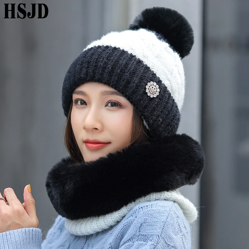 Зимняя женская двухцветная вязаная шапка и толстый плюшевый шарф комплект из 2