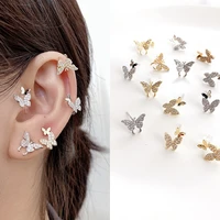 mengjiqiao new fashion cute rhinestone gold color butterfly stud earrings for women no piercing fake cartilage earring gifts