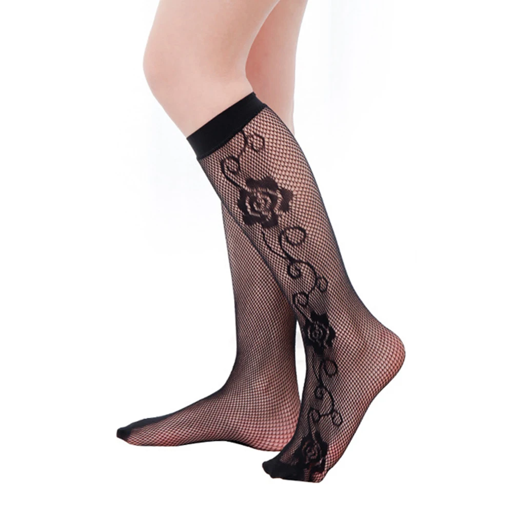 Sexy Women Lace Jacquard Knee High Stockings Ladies Hollow out Mesh Nets Anti-off Fishnet Stocking