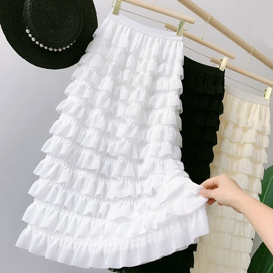 

GTGYFF Solid Summer Ruffle Layers Skirts For Womens Black White Beige Casual Women Skirt Femme Larges Faldas Elastic Waist