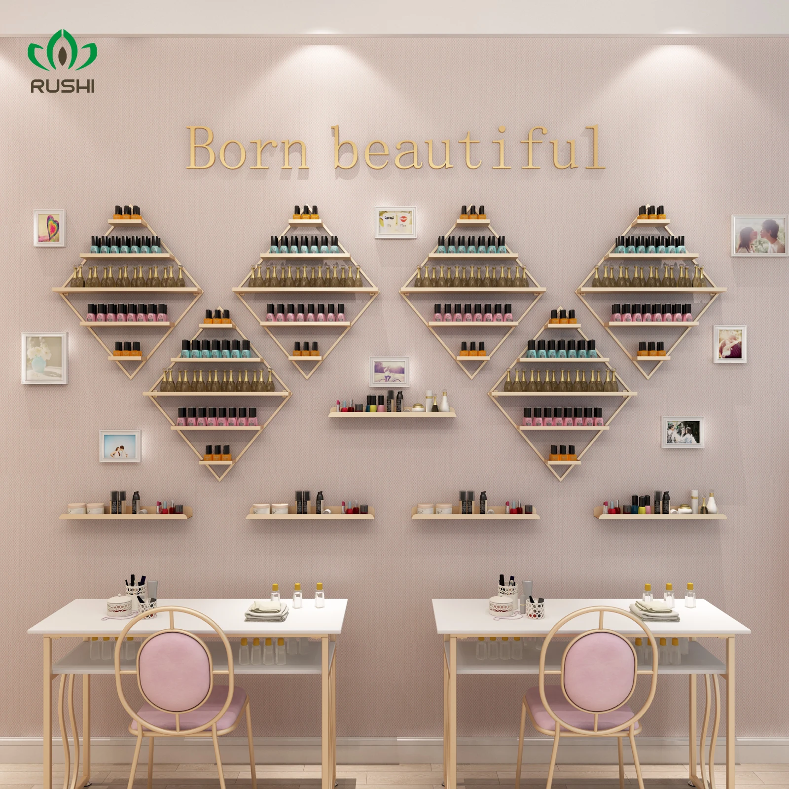 Diamond Shape Nordic Golden Nail polish shelf Set Shop Display Stand Wall Hanging Cosmetics Shelf Polish Rack | Дом и сад