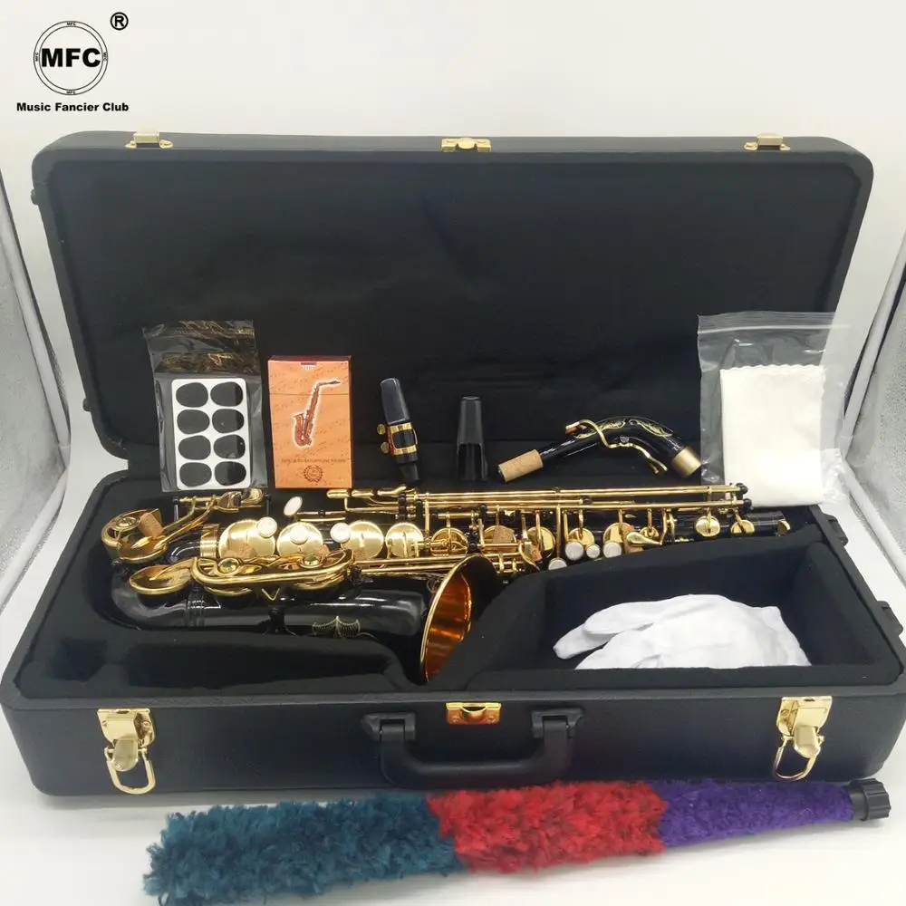 

Free Shipping New Music Fancier Club Alto Saxophone Black Nickel Gold Professional Alto Sax Black Lacquer Mouthpiece Reeds Neck