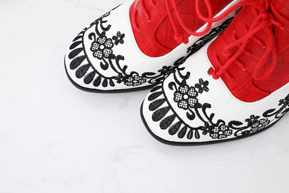 Retro Printed Booties Leather Women Ankle Boots Embroidery High Heels Casual Woman Shoe Zipper Vintage Female Footwear Boot 37