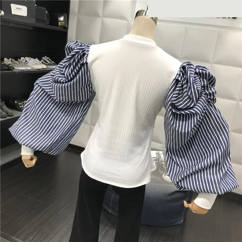 Женская футболка в полоску GetSpring белый пуловер с длинным рукавом рубашка буфами