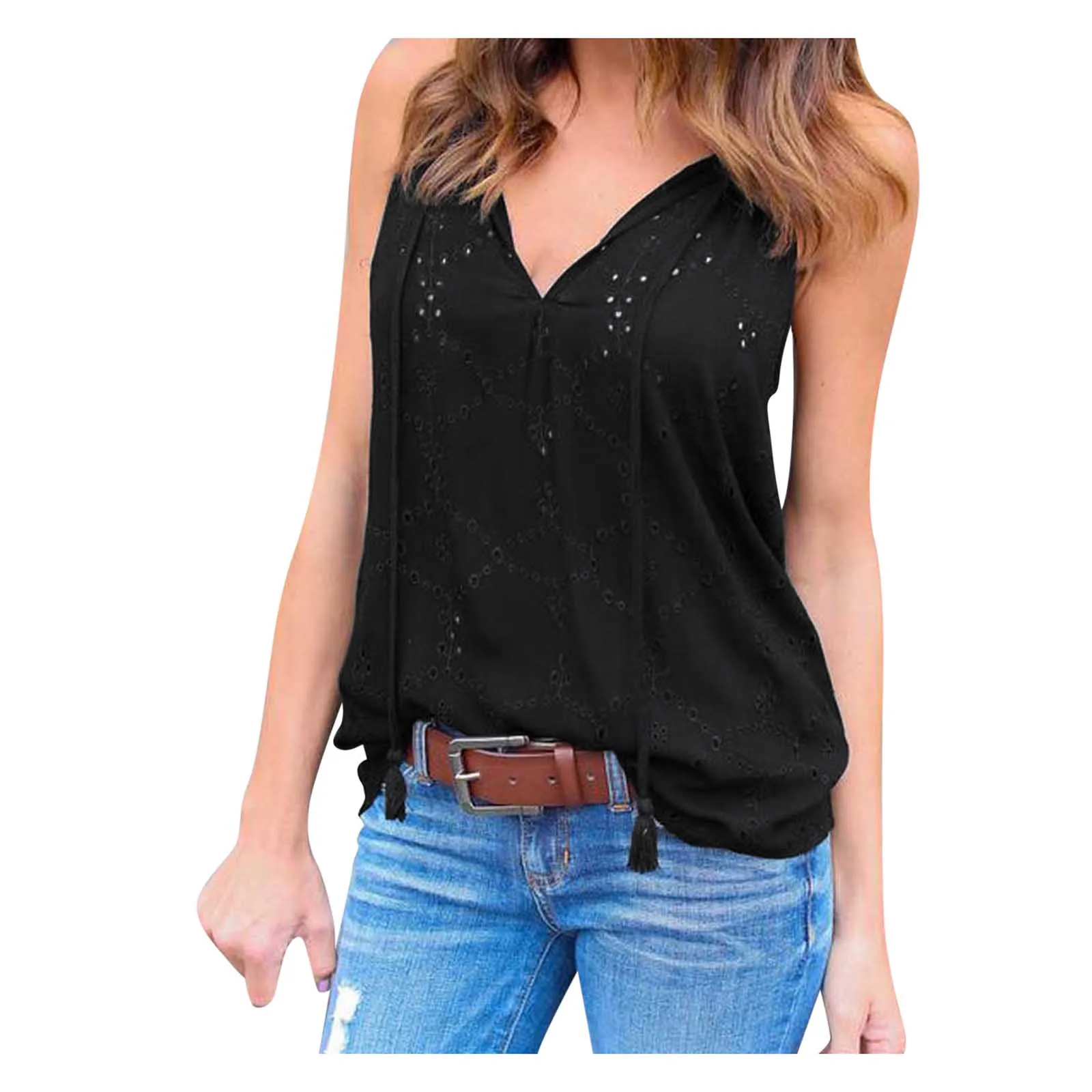 

Tank Tops Sexy Embroidered Hollow Out Vest Solid Harajuku Korean Female Off Shoulder White Black Drawstring Summer Women Top