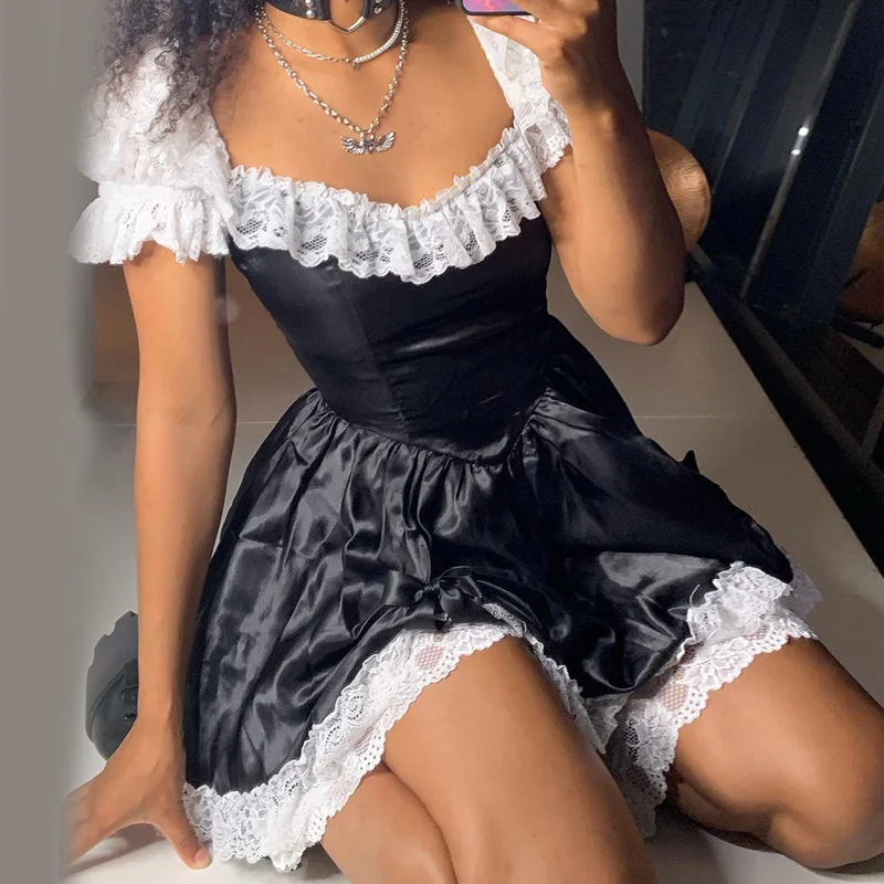 

Винтажное белое кружевное мини-платье 90-х с квадратным вырезом, соблазнительное женское Короткое платье-Лолита с пышными рукавами и высоко...