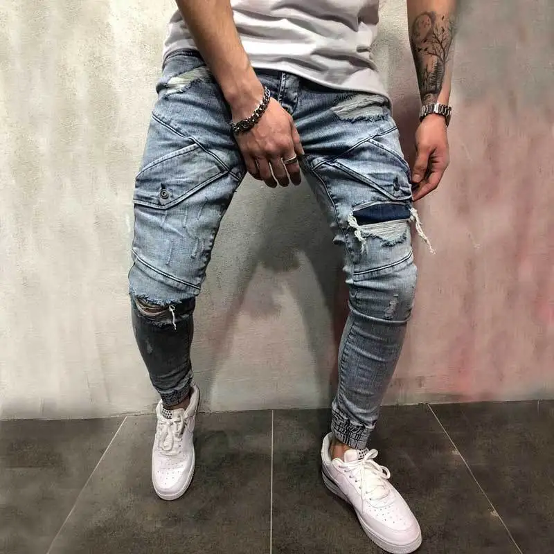 

Vogue Pop Men's Slim Fit Denim Jeans All-Match Slim Stitching Ripped Pencil Pants For Vacation Dating Travelling Party