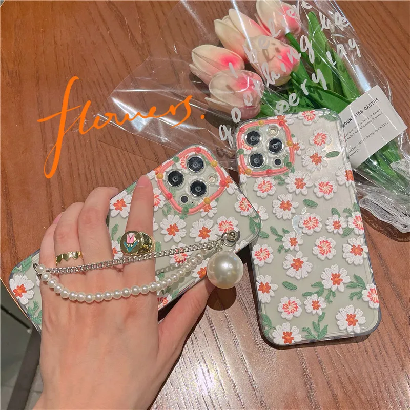 

Summer flower with pearl hand chain Clear phone case For iphone 12 Mini 11 Pro Max SE20 7 8 Plus XS MAX XR X popular cute cover