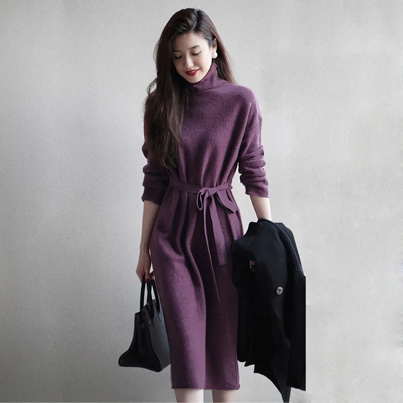 

Turtleneck Basic Soft Loose Lace Up Knitted Women's Dress Solid Chic Pullover Pullover Jumpers Mid-Calf Dresses For Women 2022
