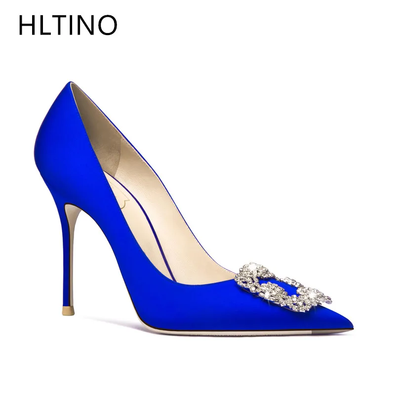 HLTINO Qauality Gift Crystal High Heeled Pump Silk Satin Women Wedding Stilettos Autumn Winter Bride Blue Shoes Evening