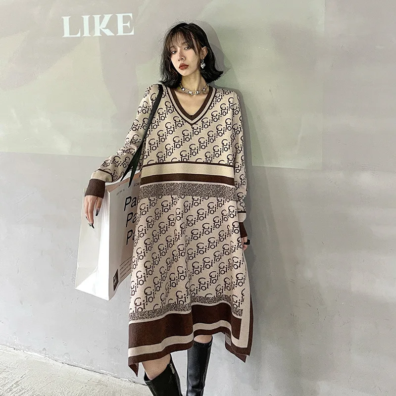 

Женское вязаное платье с V-образным вырезом, свободная длинная юбка большого размера, Осень-зима