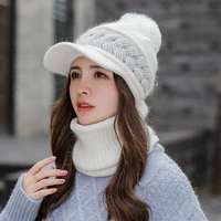 for winter women rabbit hair knitted hats scarf 2pcs sets visor hat warm beanies skullies hat twist beanie gorro bonnet female