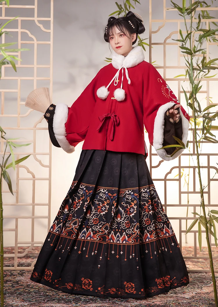 

Ming system woolen square collar half sleeve autumn winter woolen embroidered short jacket pleated skirt thickened