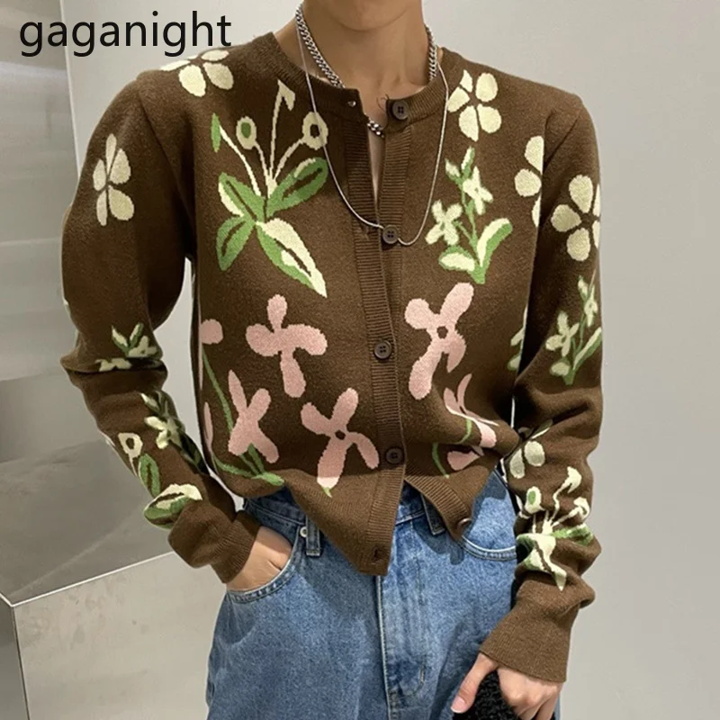 

Gaganight, Женский вязаный кардиган, Осень-зима 2021, ретро, с круглым вырезом, жаккардовый однобортный свободный свитер из пряжи с длинными рукава...