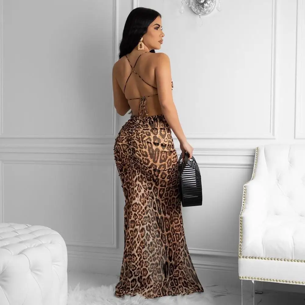 

free shipping 2020 joocar sexy bra straps sleeveless Bodycon Leopard split maxi dress JC1268