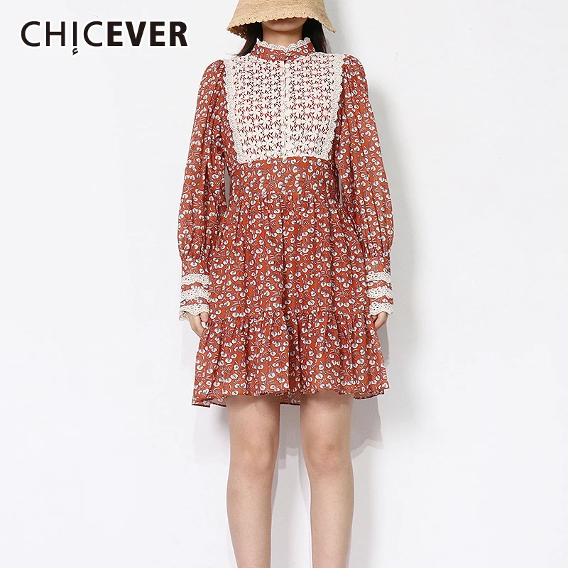 

CHICEVER винтажное платье с имитацией двух цветов для женщин, с воротником-стойкой, с длинным рукавом, с высокой талией, тонкие осенние женские п...