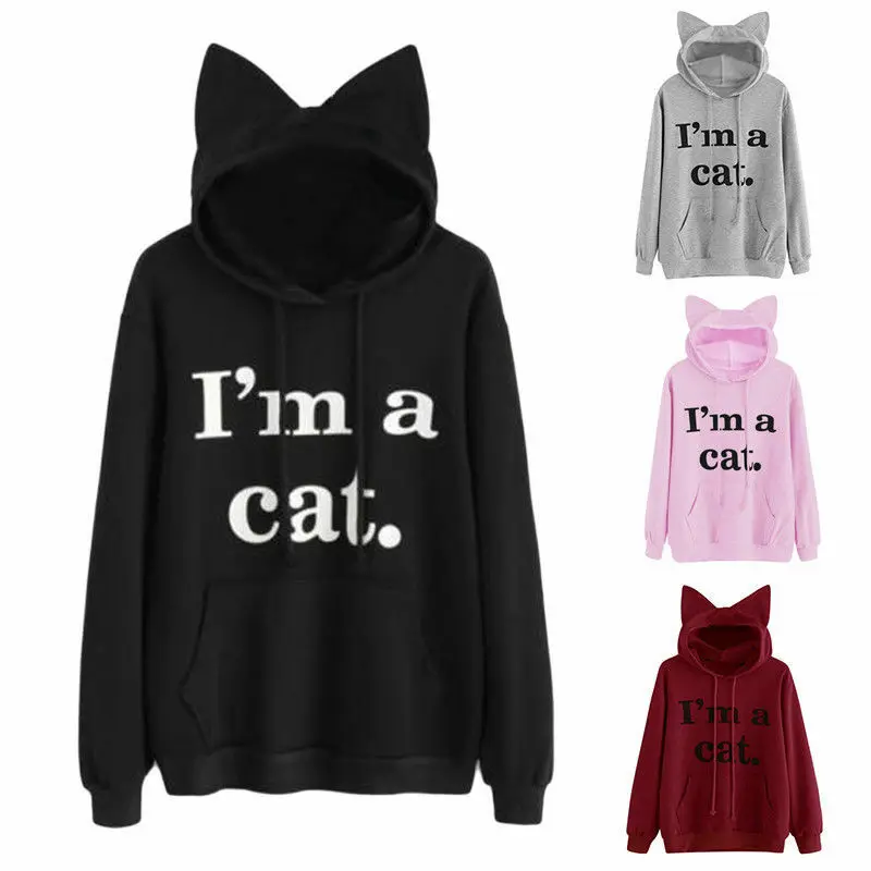 

Women Casual Sweatshirt Cat Ear Long Sleeve Hoodie Sweatshirt letter Print Upper Women's Autumn Winter Loose Pullover