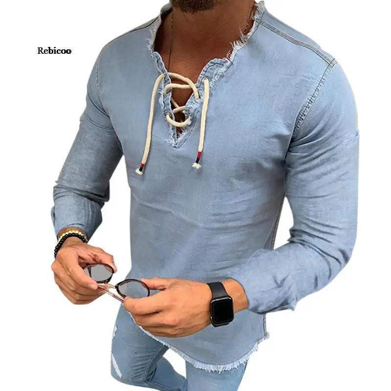 

New Men's Denim T-Shirt Long Sleeves Jeans Shirts Smart Casual Fashion Men Clothes S-Xxxl
