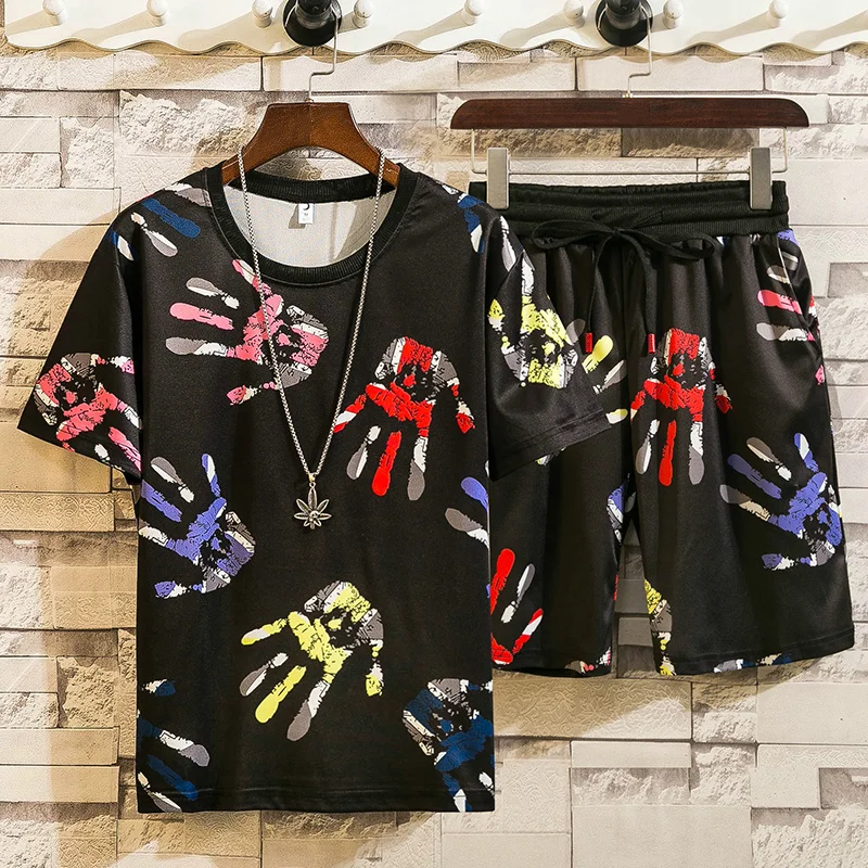 

New Trendy Men's Shorts O-neck Beach Stretch Waist Jogging T-shirt Suit Shorts + Short-sleeved T-shirt Pant Closure Type Style
