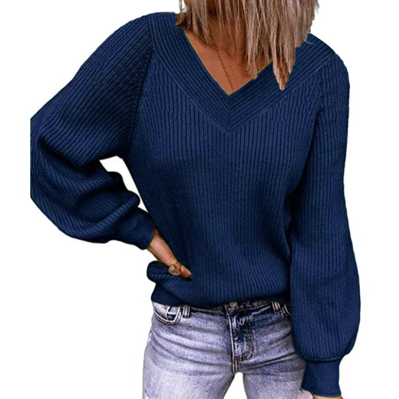 

Свободный вязаный свитер с V-образным вырезом для женщин, Осенний простой Однотонный женский пуловер, модные повседневные женские топы с дл...