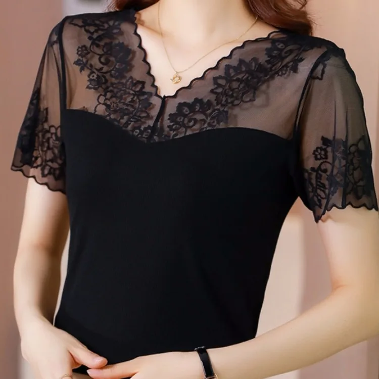 

Женская кружевная блузка в западном стиле с V-образным вырезом и коротким рукавом