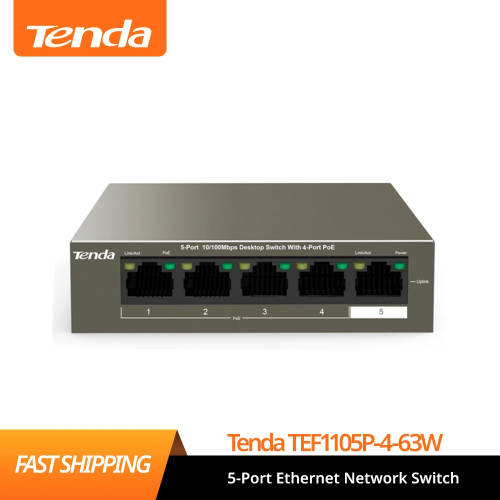

Tenda TEF1105P-4-63W 5-Port Ethernet Network Switch, 250M Long Distance Stable PoE Power Supply, Plug and Play, Durable & Secure