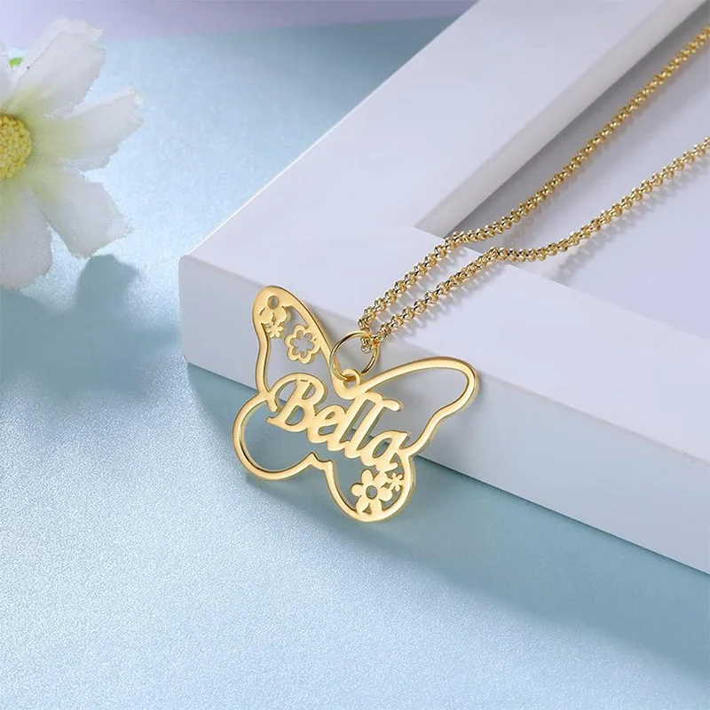 

Custom Name Necklaces For Woman Personality Butterfly Choker Stainless Steel Pendant Hollow Nameplate Name Jewelry Birthday Gift
