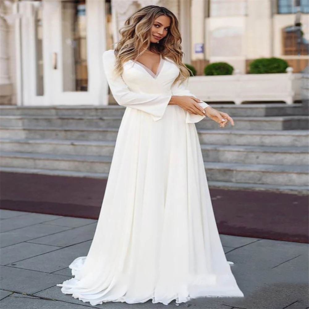 2021 Beach Chiffon V-neck Wedding Dresses Long Sleeve Boho Bridal Gown White Lace Appliques Wedding Gowns Custom Made Plus Size