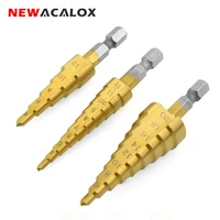 newacalox 3pcs 3 12mm 4 12mm 4 20mm hss titanium coated cone step drill bit set metal hole cutter power tools kit hex handle