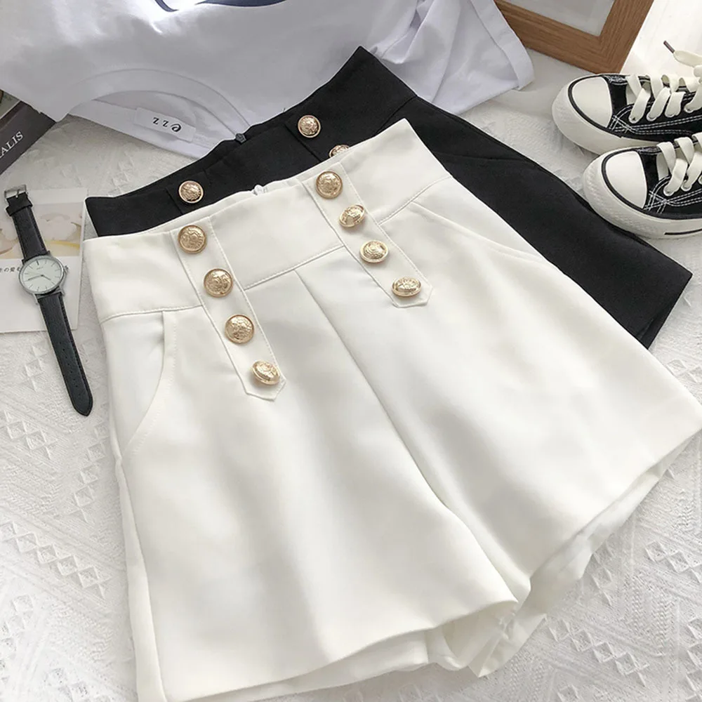 

2021 Spring Women Double-breasted Casual High Waist A-Line Wide Leg Black Shorts Female