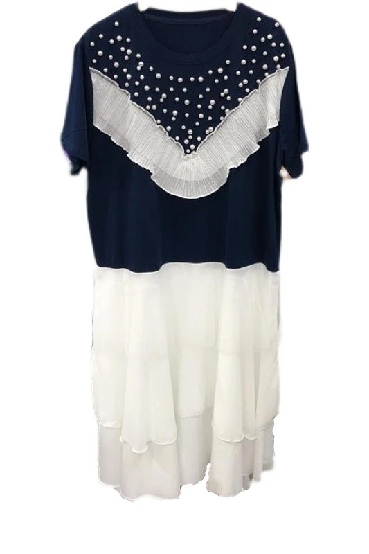

Summer 2021 New Beading Lace Stitching Chiffon Ruffled Loose Dress for Women Slimming Fairy Color Contrast Short Sleeve Dress
